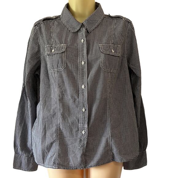 Navy Blue & White Gingham Check Blouse Woman Size Medium Preppy Button Up - Picture 1 of 8